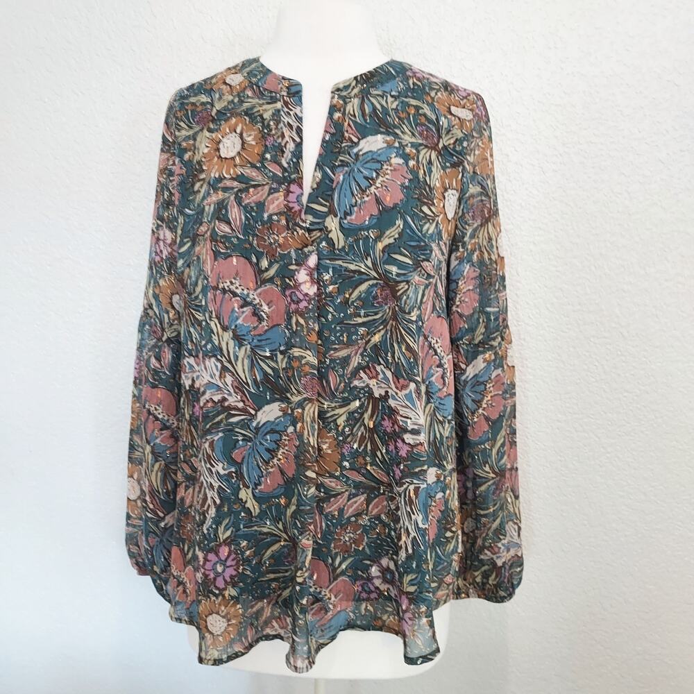 Teal Floral Print Long Sleeve Sheer Layered Blouses